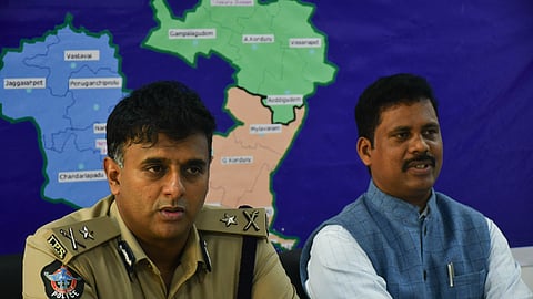 Collector S Dilli and CP Kanti Rana Tata addressing the media during a press conference in Vijayawada on Tuesday.