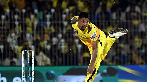 CSKs' Mustafizur Rahman bowls during the IPL Twenty20 cricket match between CSK and RCB at the MA Chidambaram Stadium in Chennai on March 22, 2024.