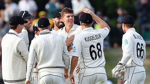 New Zealand's Ben Sears (C) celebrates with teammates after taking the wicket of Australia's Cameron Green on day three of the second Test cricket match between New Zealand and Australia on March 10, 2024.