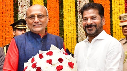 Telangana Chief Minister A Revanth Reddy greets the state's newly appointed Governor CP Radhakrishnan