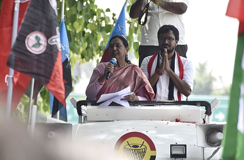 DMDK chief Premalatha Vijayakanth campaigning for their alliance party AIADMK Coimbatore Lok Sabha candidate Singai G Ramachan