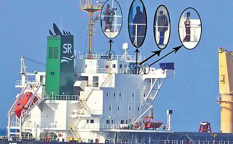 Bangladeshi vessel MV Abdullah and (insets) Somalian pirates onboard