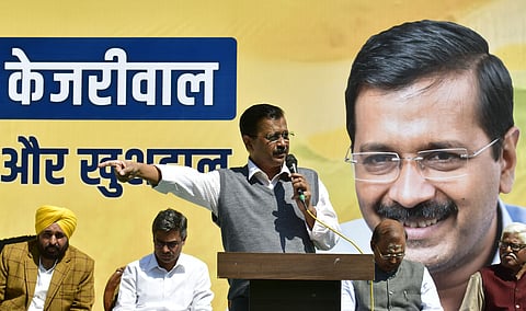 Delhi Chief Minister Arvind Kejriwal, Punjab CM Bagwant Mann and AAP candidates for upcoming Lok Sabha elections