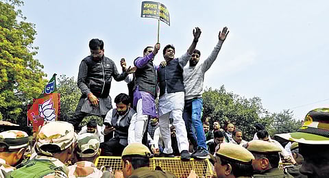 Delhi BJP leaders and workers hold demonstrations against the West Bengal government over Sandeshkhali issue. |