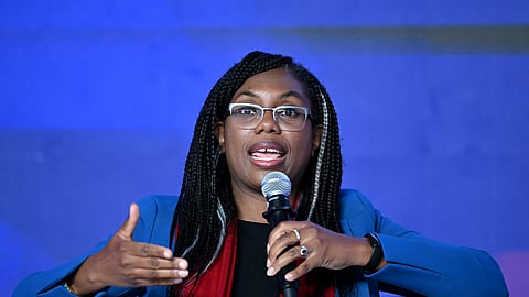 Britain's Business and Trade Secretary, and Minister for Women and Equalities Kemi Badenoch addresses the gathering on the first day of the three-day B20 Summit in New Delhi on August 25, 2023.
