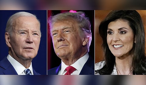 (L-R) US President Joe Biden, former President Donald Trump and Republican presidential candidate Nikki Haley.