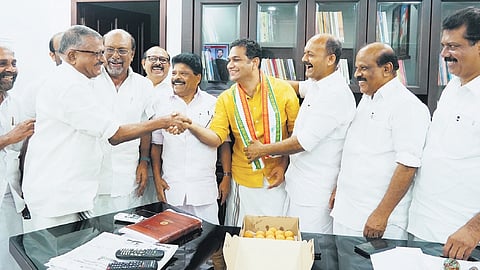 Party leaders greet Hibi Eden at Ernakulam DCC office after the Congress central leadership announced his candidature in Ernakulam on Friday
