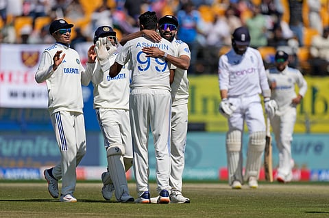 Indian players celebrate the win against England on Saturday.