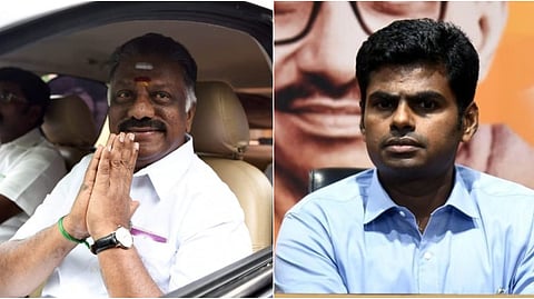 (L-R) Former Tamil Nadu CM O Panneerselvam, TN BJP chief K Annamalai.