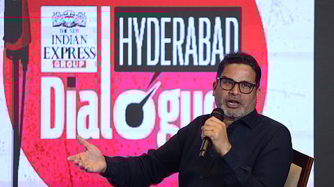 Political strategist Prashanth Kishor gestures as he speaks to TNIE during 'Hyderabad Dialogues' in Hyderabad' on 4 March 2024.