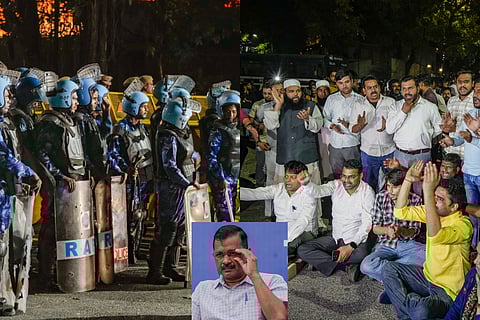 (L) Security personnel deployed outside the residence of Delhi Chief Minister Arvind Kejriwal, (R) AAP supporters shout slogans in favour of Delhi Chief Minister Arvind Kejriwal outside his residence