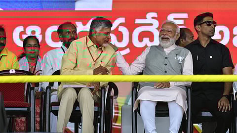 TDP supremo N Chandrababu Naidu and PM Narendra Modi at the TDP-JSP-BJP alliance public meeting Prajagalam at Boppudi in Palnadu district on Sunday.