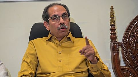 Shiv Sena (UBT) chief Uddhav Thackeray addresses a press conference in Mumbai.