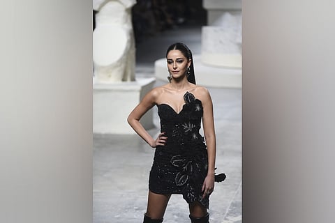 Bollywood actor Ananya Pandey walks the ramp for fashion designer Rahul Mishra during the Lakme Fashion Week, in Mumbai, Sunday, March 17, 2024.