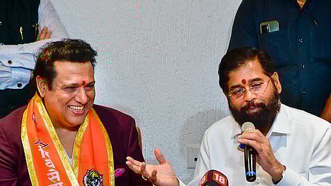 Maharashtra Chief Minister Eknath Shinde and actor Govinda address a press conference after the latter joined Shiv Sena (Shinde faction), in Mumbai.