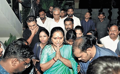 BRS MLC K Kavitha is taken away from her residence by ED officials in Hyderabad on Friday