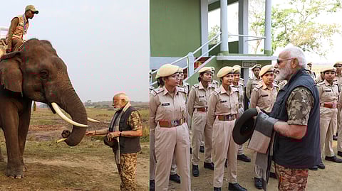 Prime Minister Narendra Modi interacts with Van Durga, the team of women forest guards, during his visit to the Assams Kaziranga National Park.
