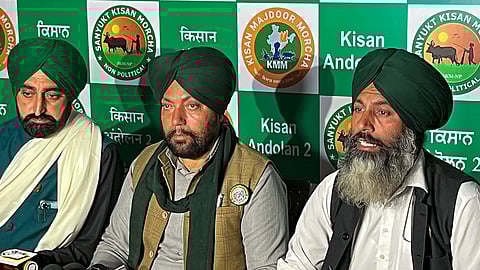 Farmer leaders address the media during their ongoing protest, at the Punjab-Haryana Shambhu border, in Patiala district, Friday, March 1, 2024.
