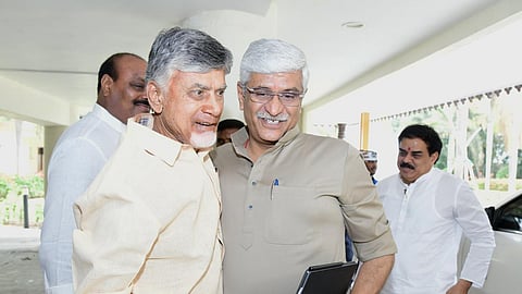 TDP supremo N Chandrababu Naidu and union minister Gajendra Singh Shekhawat during meeting at Undavalli on Monday.