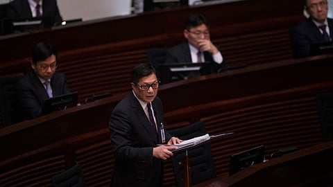 Hong Kong Secretary for Security Chris Tang speaks during the second reading of the Basic Law Article 23 legislation at the Legislative Council in Hong Kong, Tuesday, March 19, 2024