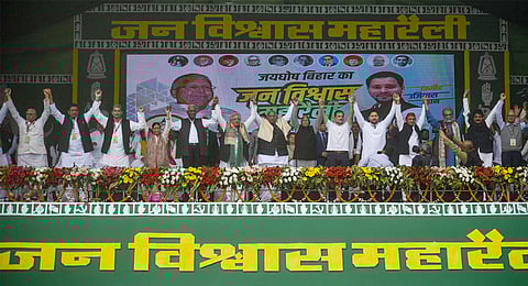 Congress President Mallikarjun Kharge with party leader Rahul Gandhi, RJD chief Lalu Prasad Yadav, party leader Tejashwi Yadav, Samajwadi Party President Akhilesh Yadav and other opposition leaders during 'Jan Vishwas Rally', in Patna, Sunday, March 3, 2024.