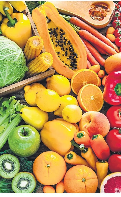 A ‘Rainbow diet' promotes food containing natural colours such as red, orange/ yellow, green, blue/purple, and white.