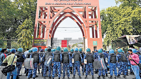 Security personnel deployed outside Jamia University on Tuesday.
