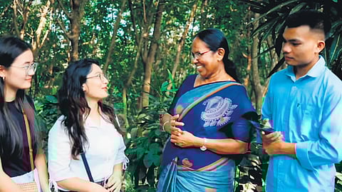 Vadakara LDF candidate K K Shailaja interacts with Manipur students in Kannur