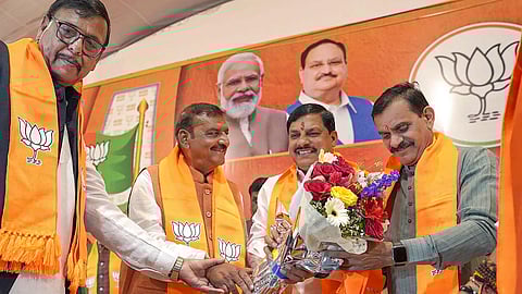 Madhya Pradesh Chief Minister Mohan Yadav and MP BJP President V.D. Sharma with newly joined party leaders Antar Singh Darbar and Pankaj Sanghvi, at BJP office in Bhopal.