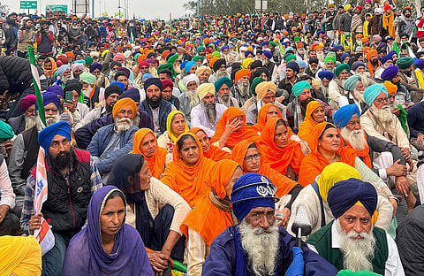 Farmers during their ongoing protest, at the Punjab-Haryana Shambhu border, in Patiala district, Saturday, March 2, 2024.