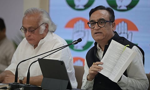 Senior Congress leaders Jairam Ramesh and Ajay Makan address a press conference at AICC headquarters in New Delhi on Friday, March 29, 2024.