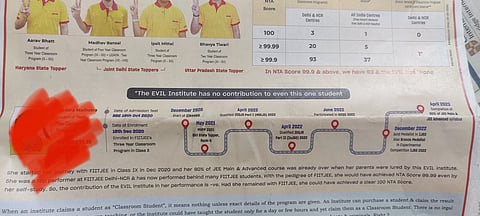 FIITJEE's new print ad featuring JEE Mains toppers has been heavily criticized. "You are posting the picture of a child saying that she performed badly because she left your institute!" Katyayani Sanjay Bhatia, Deputy Commissioner - Indian Revenue Service (Income Tax) wrote.