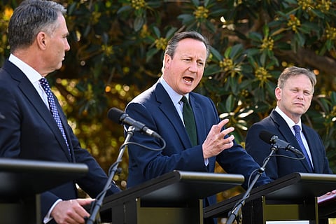 (L-R) Australia's Deputy Prime Minister and Defence Minister Richard Marles, Britain’s Foreign Secretary David Cameron, and Britain's Secretary of State for Defence Grant Shapps hold a media conference in Adelaide, South Australia, on March 22, 2024