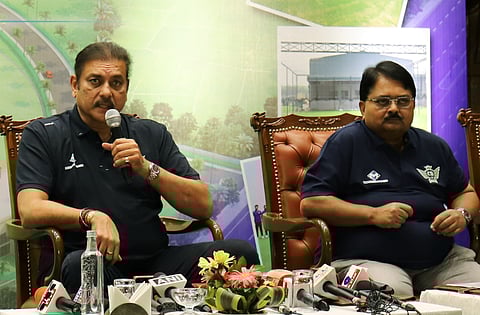 Ravi Shastri with CMD of MGM Minerals Ltd Pankaj Lochan Mohanty during the MoU signing in Bhubaneswar on Tuesday.