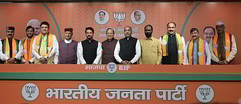 Former Himachal Pradesh Congress MLA's Sudhir Sharma, Rajender Rana, Ravi Thakur, Indradutt Lakhanpal, Devendra Bhutto, Chaitanya Sharma join BJP in the presence of Union Minister Anurag Thakur, Jairam Thakur and Arun Singh at BJP HQ in New Delhi on Saturday.