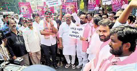 BRS activists protest in front of the GHMC head office in Hyderabad on Wednesday, demanding the state government implement the LRS without levying any charges