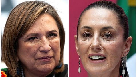 (L) Mexican Senator and presidential candidate Xochitl Galvez gestures during a press conference on August 29, 2023; (R) Mexico City's former Mayor and presidential candidate Claudia Sheinbaum speaks during a press conference in Mexico City on June 12, 2023.