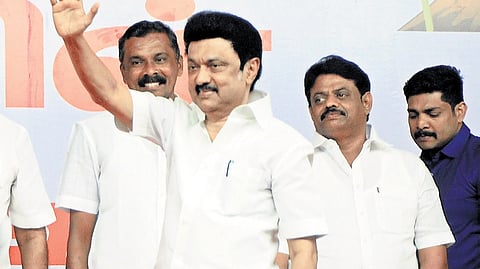 Chief Minister M K Stalin at the public meeting in Krishnankovil near Srivilliputhur in Virudhunagar.