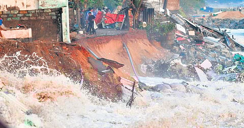 Rough waves crashing the coastline in Mundakkal region of Kollam district