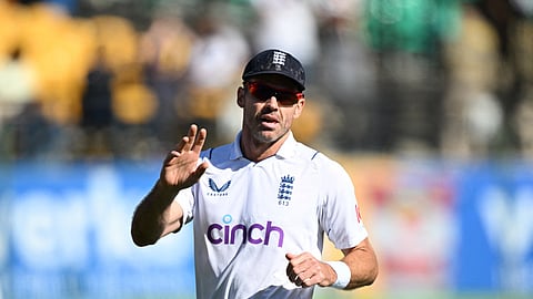 England's James Anderson gestures after taking the wicket of India's Kuldeep Yadav during the third day of the fifth and last Test cricket match between India and England on March 9, 2024.