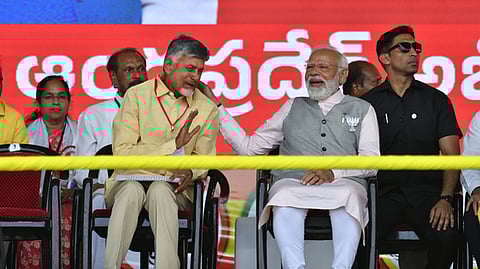 TDP supremo N Chandrababu Naidu and PM Narendra Modi at the TDP-JSP-BJP alliance public meeting in Palnadu district.