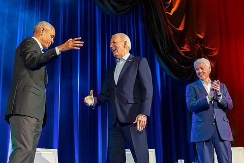 President Joe Biden, center, and former presidents Barack Obama and Bill Clinton participate in a fundraising event with Stephen Colbert at Radio City Music Hall, Thursday, March 28, 2024, in New York.