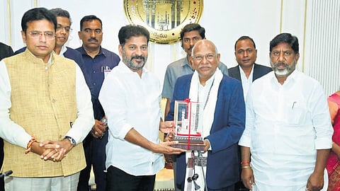 Chief Minister A Revanth Reddy, along with ministers Mallu Bhatti Vikramarka and
D Sridhar Babu, meets Tata Technologies representatives at the Telangana Secretariat in Hyderabad on Saturday