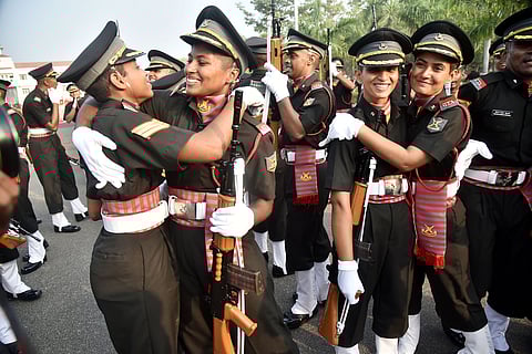 Cadets celebrate their commissioning in the Army after their passing out parade at the Officers Training Academy at Tambaram in Chennai on Saturday