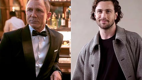 This combination of photos shows actor Daniel Craig as James Bond in a scene from "No Time To Die," left, and actor Aaron Taylor-Johnson at the Giorgio Armani women's Fall-Winter 2024-25 collection in Milan, Italy, on Feb. 25, 2024.