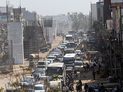 Traffic congestion from Boduppal to uppal cross roads due to flyover construction