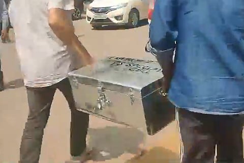Police team brings chargesheet copy and relevant documents in a trunk to the court.