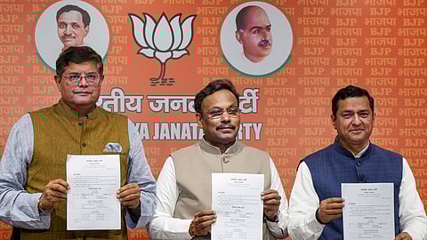 BJP leaders (L-R) Baijayant Jay Panda, Vinod Tawde and Anil Baluni during the announcement of first list of candidates for the upcoming Lok Sabha elections at a press conference, in New Delhi, Saturday, March 2, 2024.