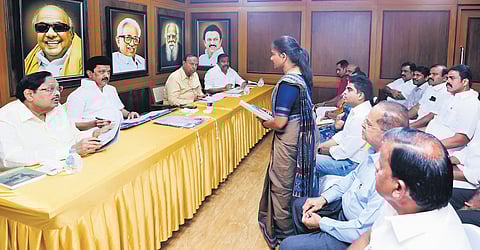 CM MK Stalin and DMK leaders during the interview in Chennai on Sunday.