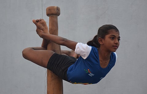 Mathivathani, a medalist from the ‘Happy Mallakhamb Training Centre’ in Villupuram, who bagged one silver at the Khelo India Games in group performance.